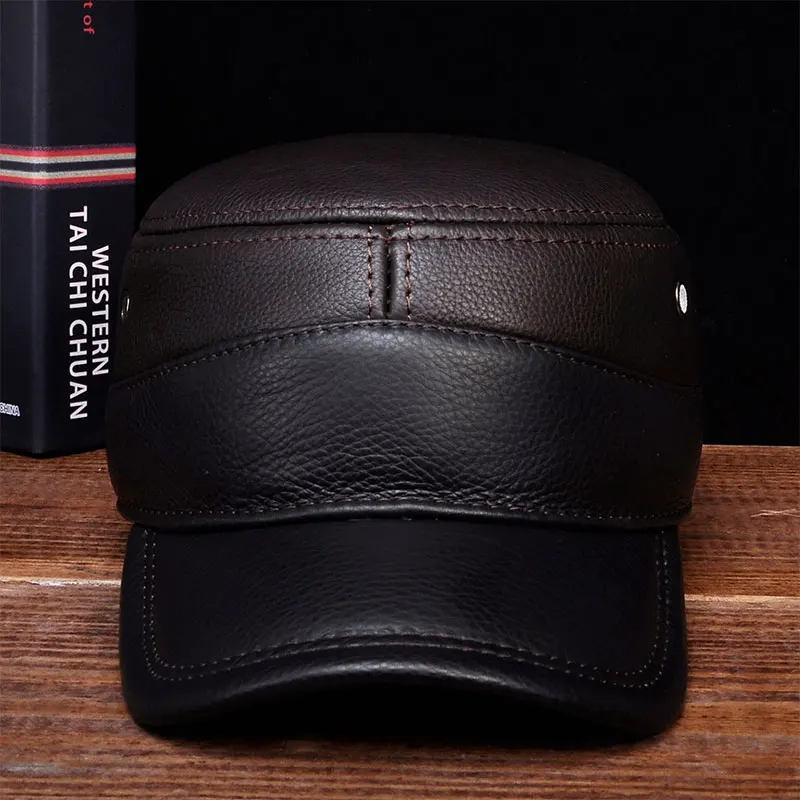 HL088 Men\'s Genuine Leather Baseball Caps New Brand New Winter Warm Russian Real Leather Caps