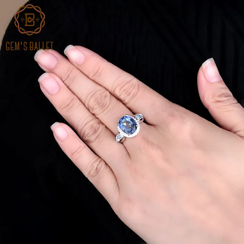 Gem's Ballet-anillos de plata de ley 925 para mujer, joyería fina con Topacio azul cielo, iolita Natural, cuarzo místico azul, 3.31Ct