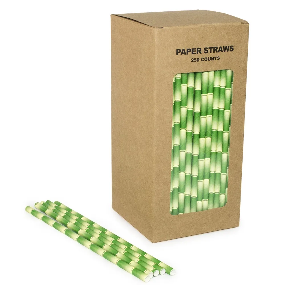 250 Pcs/box Green Bamboo Paper Straws Bulk-Biodegradable Panda Jungle Tiki Party Drinking Restaurant Juice Coffee Soda Shakes