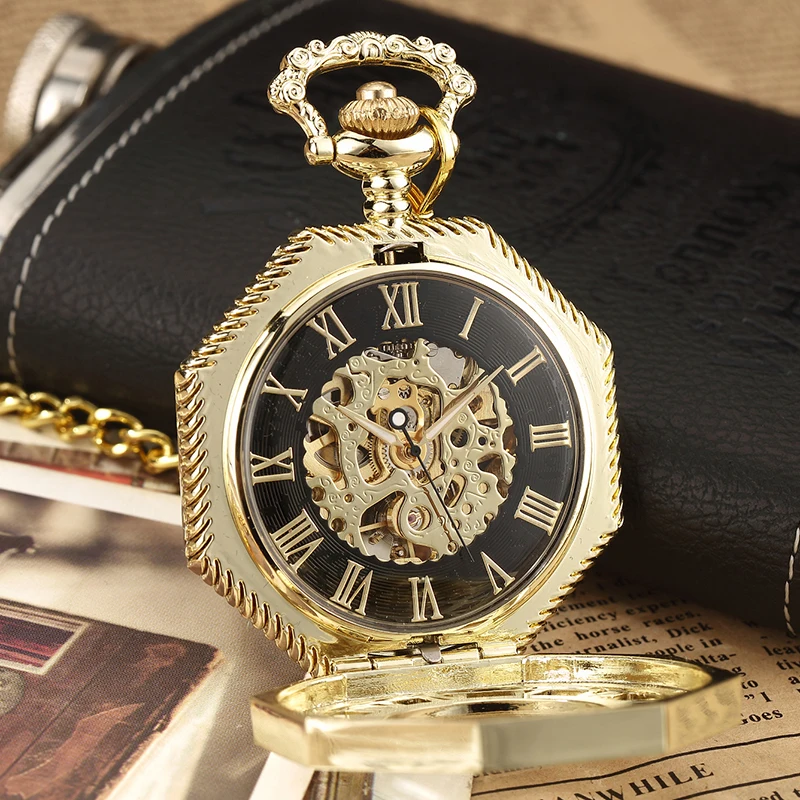 Luxury Unique Hexagonal Roman Number Pocket Watch with FOB Chain Steampunk Full Steel Mechanical Hand-winding Gold Pocket Watch