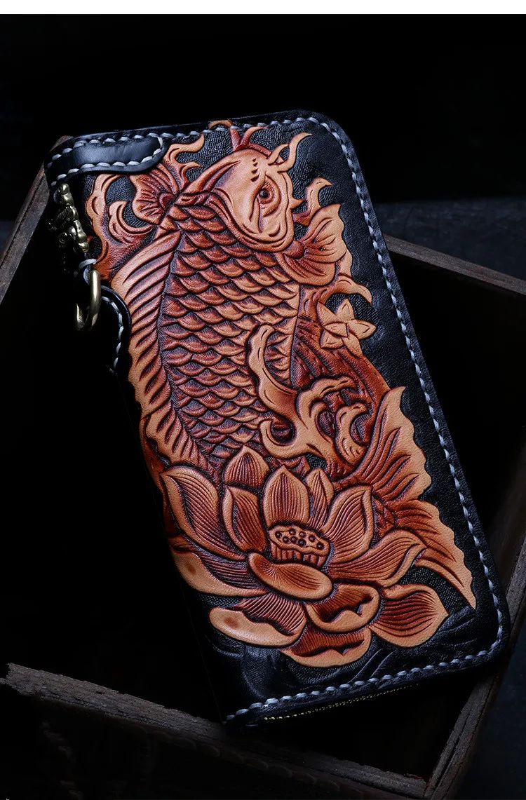 

Women Men Genuine Leather Wallets Carving Carp Lotus Hand Sewing Zipper Bag Purses Long Clutch Vegetable Tanned Leather Wallet