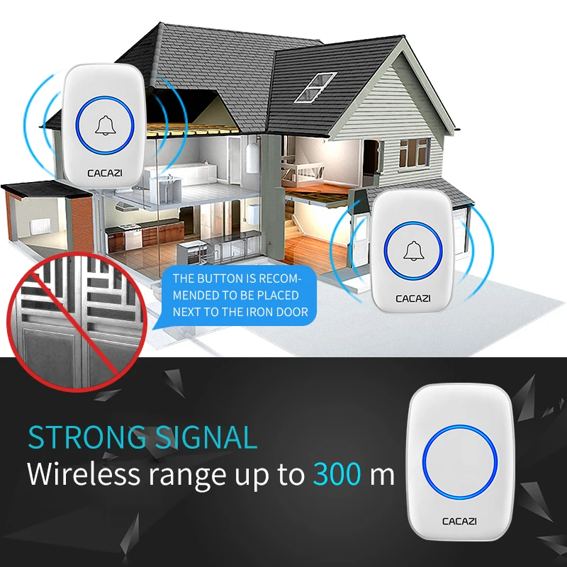 CACAZI Waterproof Wireless Doorbell 300M Remote Battery Button Home Call Ring Bell US EU UK Plug Receiver Wireless Calling Chime