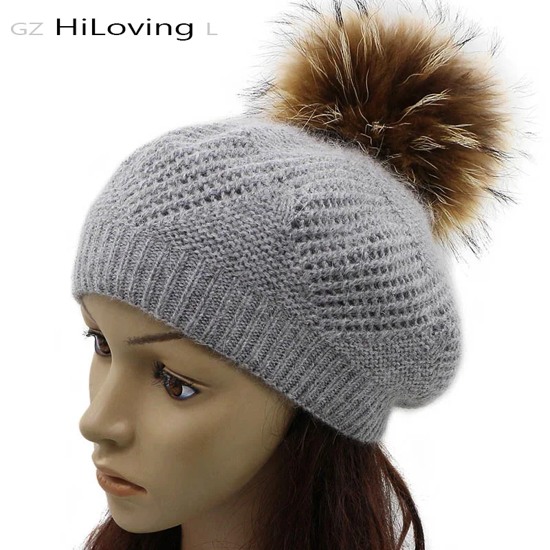 

GZHilovingL 2017 New Women Beret Beanie Hats Caps Autumn Winter Femal Girls Wool Knitted Skullies Beanies With Real Fur Pompom