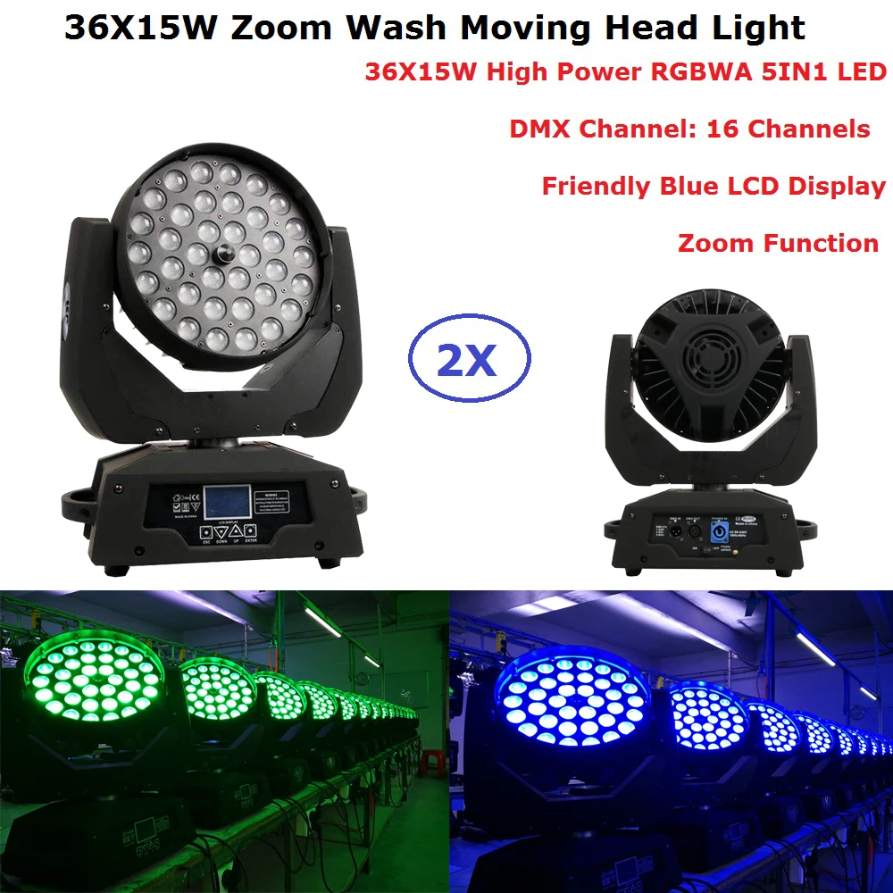 

2Pcs/Lot LED Zoom Wash 36X15W RGBWA 5 Colors DMX Stage Lights High Power Moving Head Wash Lights Good For XMAS DJ Party Shows