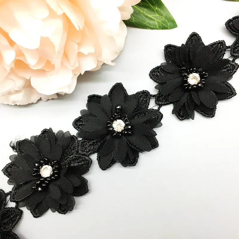 

1 Yard 3D Diamond Black Flower Beaded Chiffon Lace Fabric Trim Wedding Embroidered Applique DIY Handmade Patchwork Ribbon Sewing
