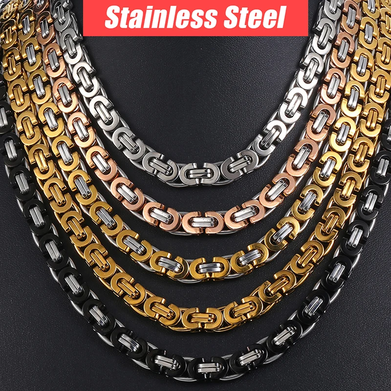 Trendsmax 7/9/11mm Byzantine Necklace for Men Stainless Steel Chain Gold Color Black 2018 Fashion Men Jewelry Gift 18-36\