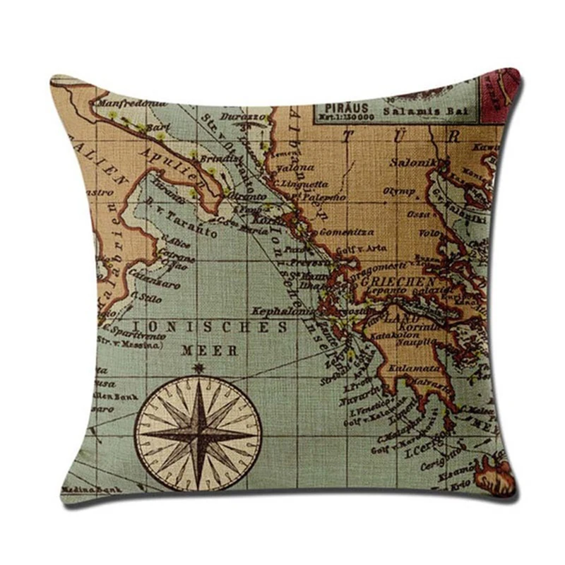 18 Inches Watercolor Vintage Style Cushion Cover World Map Pattern Cotton Polyester Pillow Cover Cushion Cover PillowCase Home D