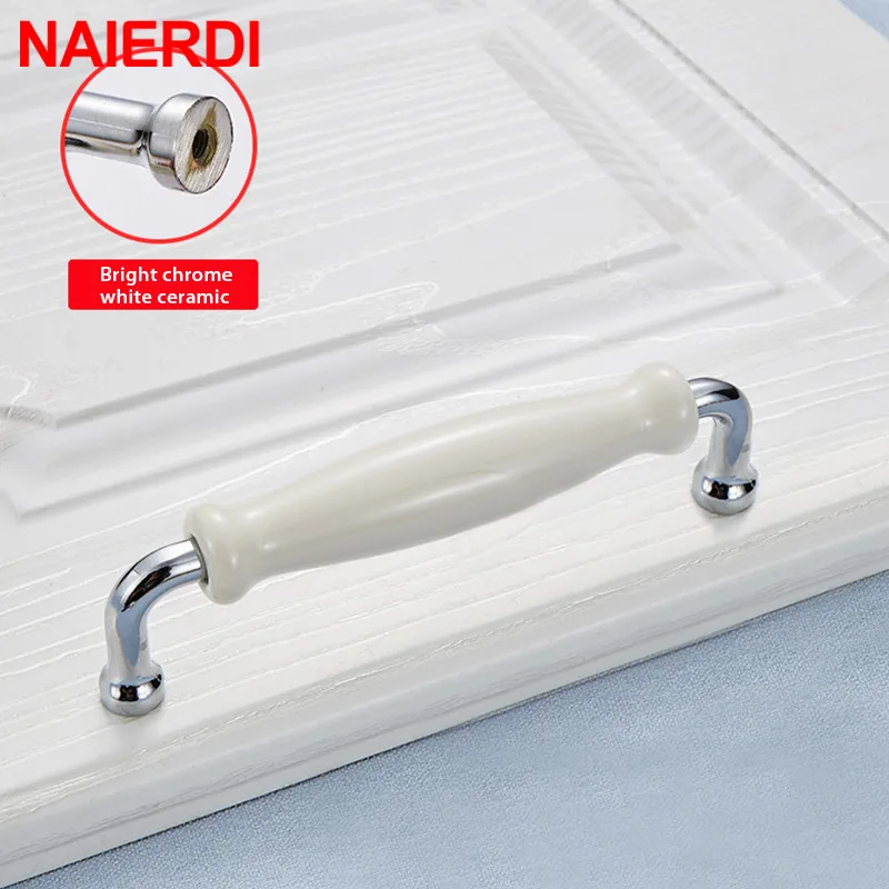 NAIERDI Modern Ceramic Cabinet Handles Zinc Alloy Drawer Knobs Bright Chrome Wardrobe Door Handles Furniture Handle 96mm/128mm