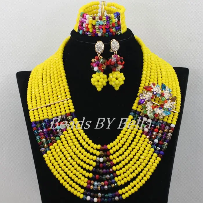 Fashion Yellow Crystal Necklace African Beads Jewelry Set Nigerian Wedding Party Beads Lace Jewlery Set Free Shipping ABF483