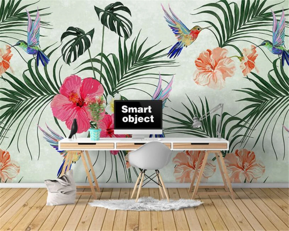 

Custom Photo 3d Wallpaper Hand Painted Watercolor Tropical Leaves Flowers and birds Children's room Background wall 3D wallpaper