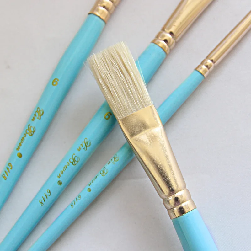 sky blue wood rod pig bristle oil brush gold-plated aluminum tube 4 pcs mixed head hard hair brush set art paint brushes