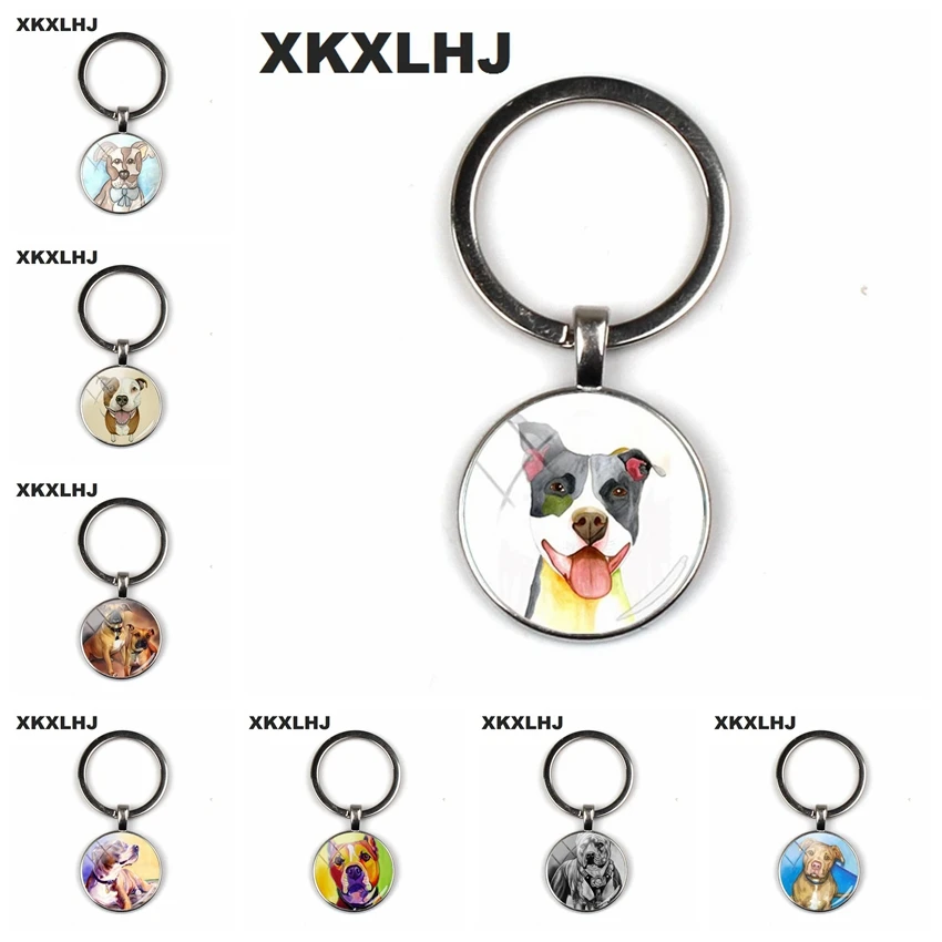 XKXLHJ 2018 Fashion Pit Bulldog Key Ring Pitbull Key Chain Glass Dome Key Chain Round Handmade Lady Keychain