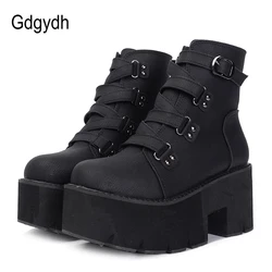 Gdgydh Frühling Herbst Stiefeletten Frauen Plattform Stiefel Gummi Sohle Schnalle Schwarz Leder PU High Heels Schuhe Frau Komfortable