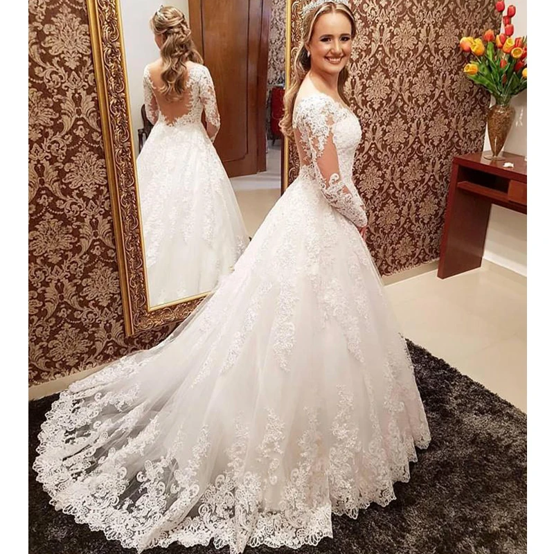 Vestidos de casamento do laço do vintage ilusão colher a linha mangas compridas vestidos de noiva formais apliques ver embora voltar robe de mariee