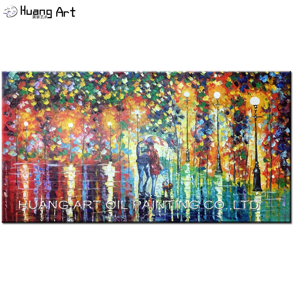 

Hand Painted Knife Street Landscape Painting on Canvas for Living Room Decor Modern Lover with Dog Acrylic Oil Picture Art