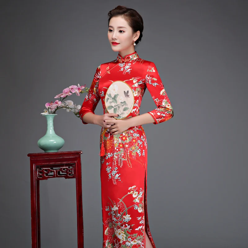 Hot Koop Chinese Dames Zijde Rayon Cheongsam 2018 Nieuwe Lange Qipao Nieuwigheid Avondfeest Jurk Vintage Bloem SML XL XXL 3XL