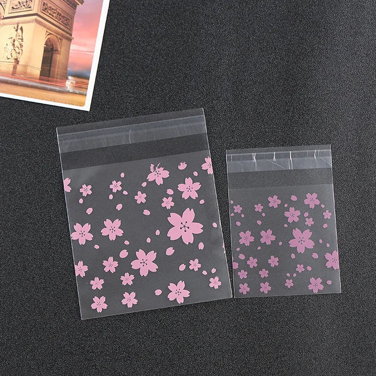 500PCS Pink Sakura Printed Plastic Packing Bag for Candy Biscuit Snack OPP Food Grade Self Adhesive Bags Cellophane Packaging