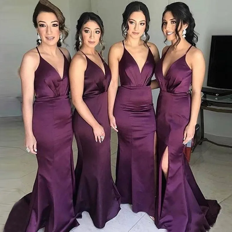 

Prom Dresses 2021 Satin Sexy V Neck Spaghetti straps mermaid bridesmaid dress vestido madrinha longo purple dress