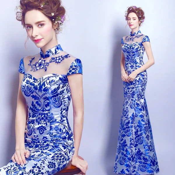 New Chinese Style Small Stand Colloar Exquisite Embroidery Peony  & Phoenix Skinny Mermaid Cheongsam/Mother Dress C1222