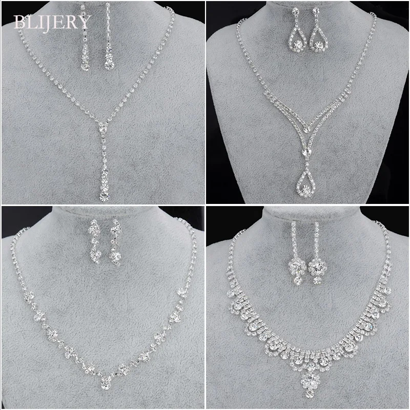 

BLIJERY Fashion Bridesmaid Bridal Jewelry Sets for Women Rhinestone Crystal Necklace Earrings Sets Prom Wedding Jewelry Sets