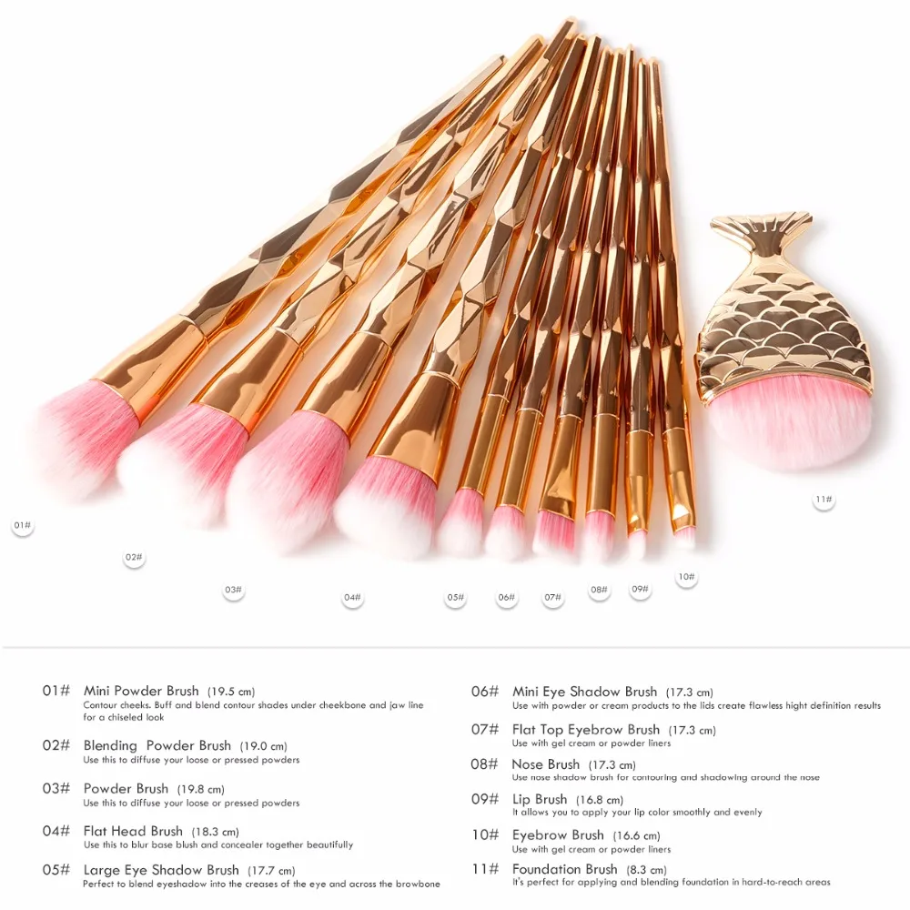 Professional 11pcs diamond Makeup Brushes Set Rose Gold Facial Foundation Cosmetic Makeup Brush Kit Contour Blending Brushes