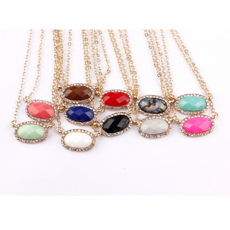 Fashion Trendy Women Jewelry Pave Crystals Oval Abalone Shell Resin Stone Short Chain Chokers Pendants Statement Necklaces