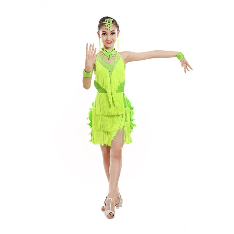 Children Professional Latin Dance Dress for Compeitition Tassel Girls Latin Dance Skirt Paillette Standard Ballroom Dance Dress