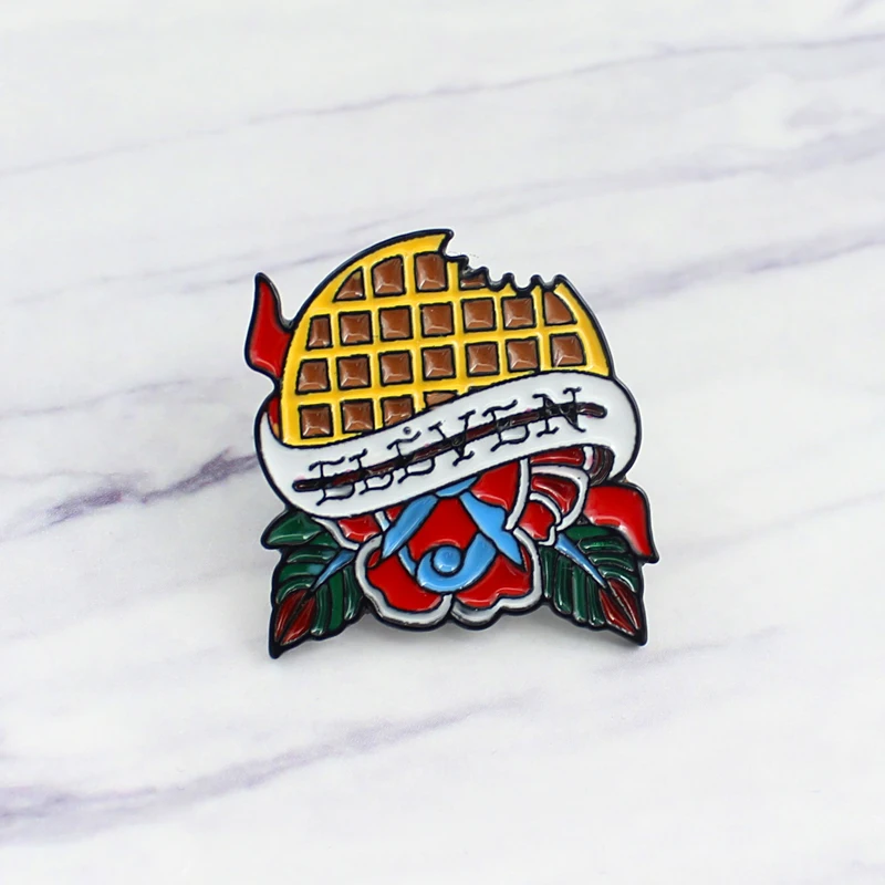 Waffle Flower Brooch ELEVEN Alien Waffle Cake Flower Fun Enamel Pin Denim Backpack Cartoon Badge Men and Women Kid Romantic Gift