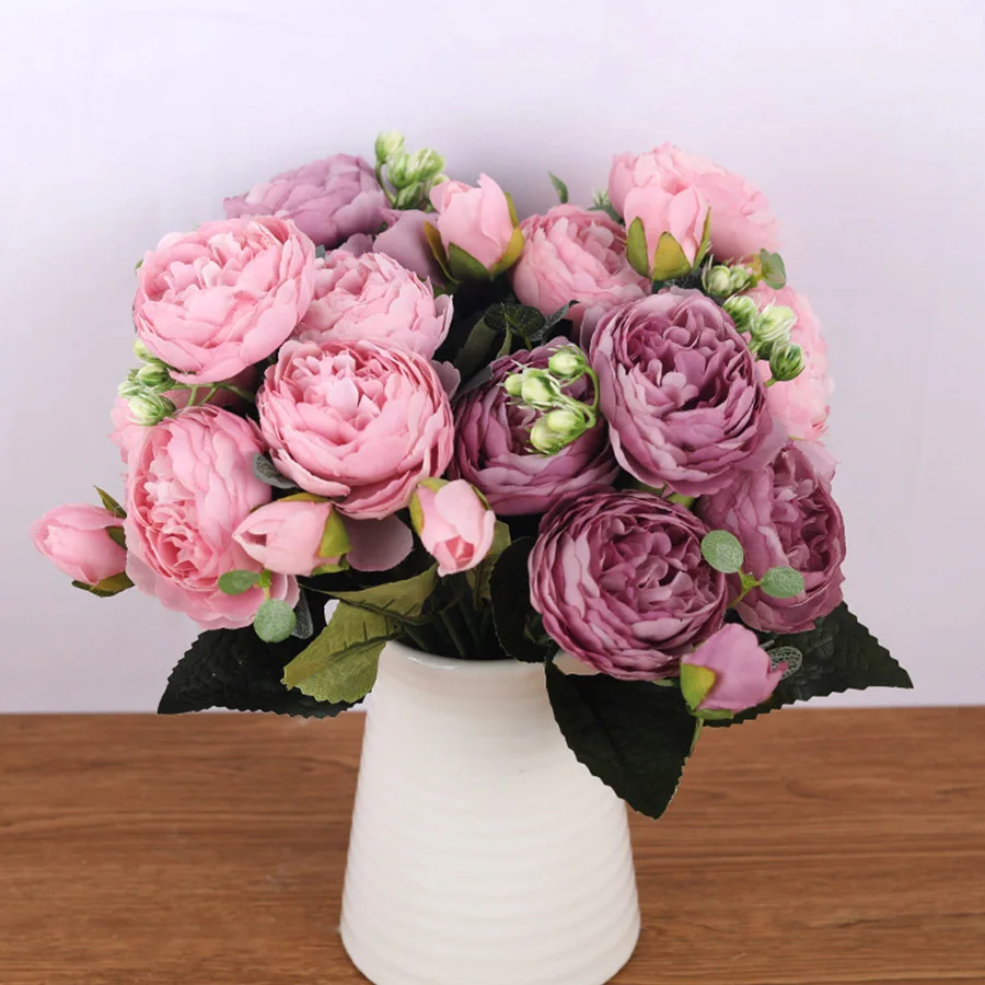 30cm Pink Silk Rose Bouquet Peony Artificial Flowers 5 Big Heads 4 Small Bud Bride Wedding Home Decoration Fake Flowers Faux