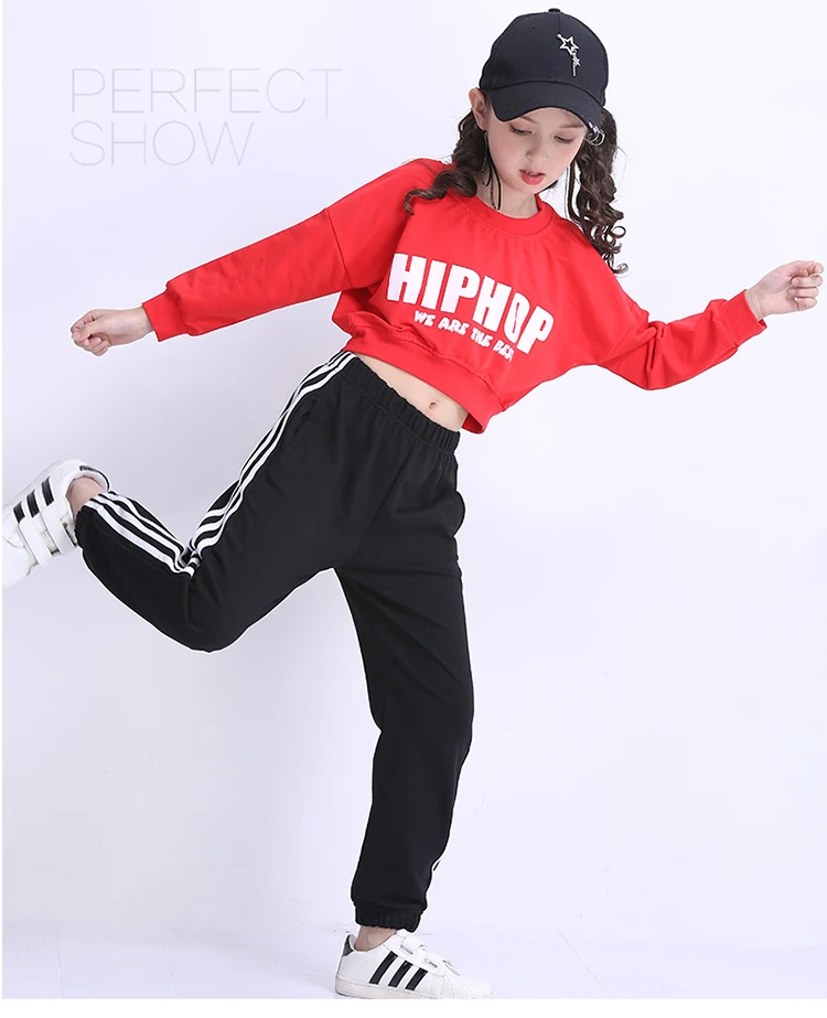 Traje de dança de hip hop para meninas, fantasia de dança da rua para meninas, camiseta vermelha de manga comprida, calças pretas, trajes de dança contemporâneos