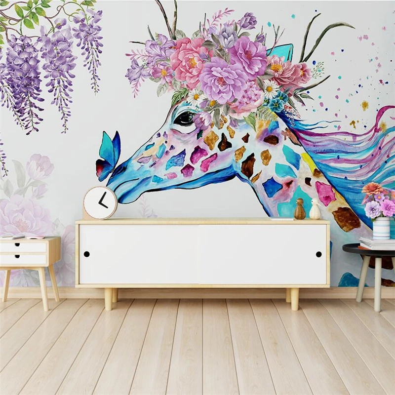 wellyu Nordic minimalist hand-painted giraffe flower wall custom wallpaper green wallpaper papel de parede para quarto mural