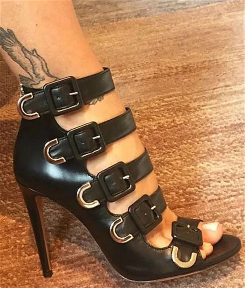 

Sestito Female Five Belt Buckles Embellished Stiletto High Heel Dress Runway Shoes Woman Peep Toe Summer Gladiator Sandals Boots