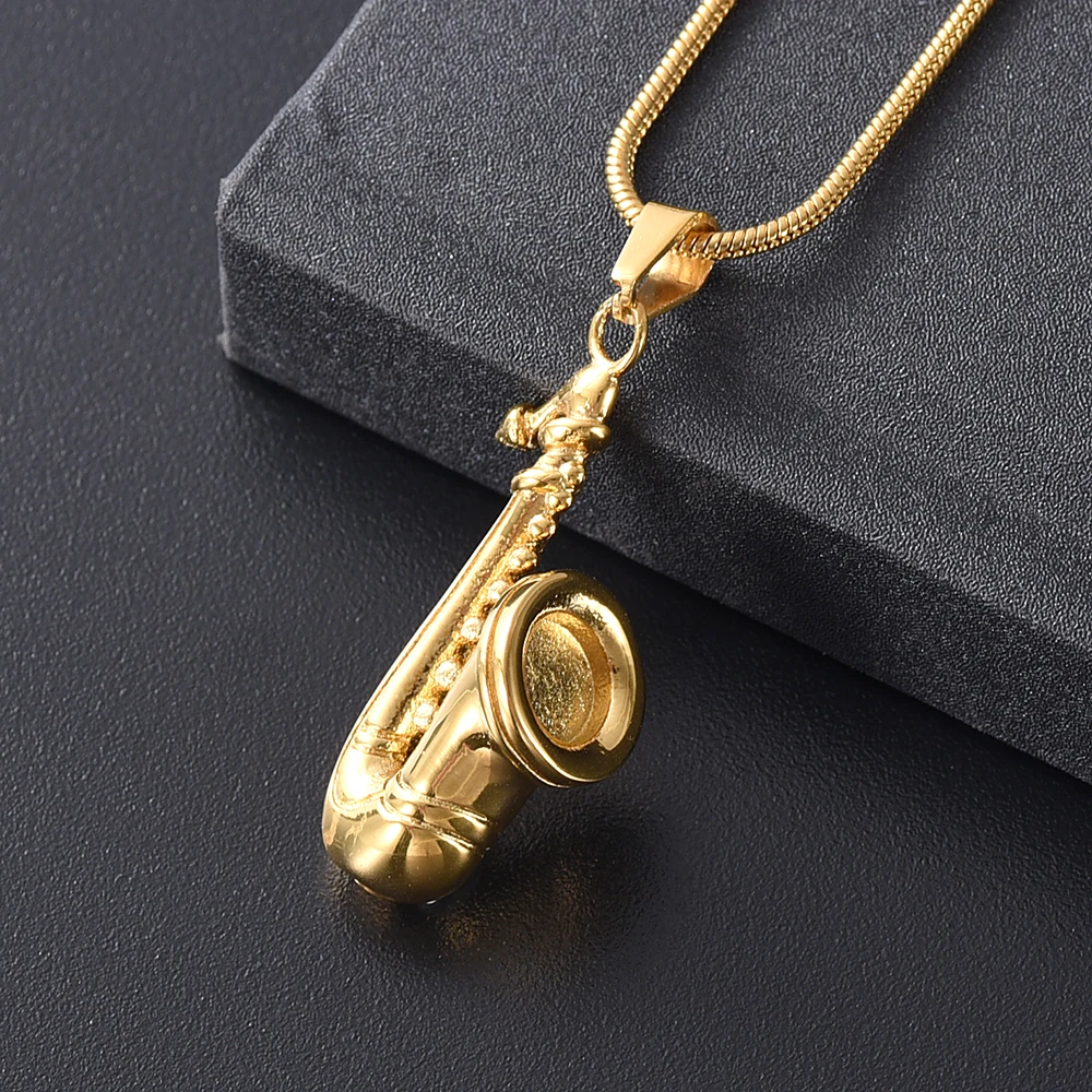 IJD10054 Stainless Steel Musical Collection Cremation Jewelry Golden Saxophone Keepsake Memorial Urn Necklace For Ashes 2022 New