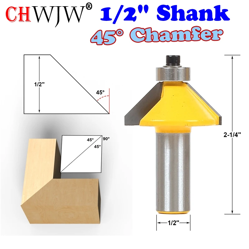 

1pc 1/2" Shank High Quality 45 Degree Chamfer & Bevel Edging Router Bit Wood Cutting Tool woodworking router bits - Chwjw