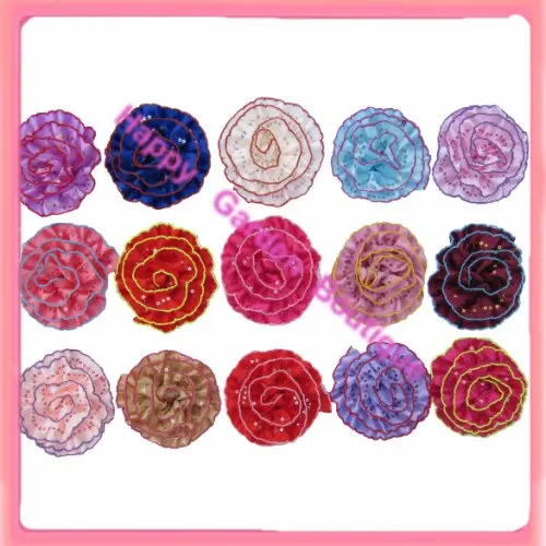 Free shipping!24pcs/lot 4''  satin flower with sequins beautiful edge wedding  silk flowers 15colors for your choice