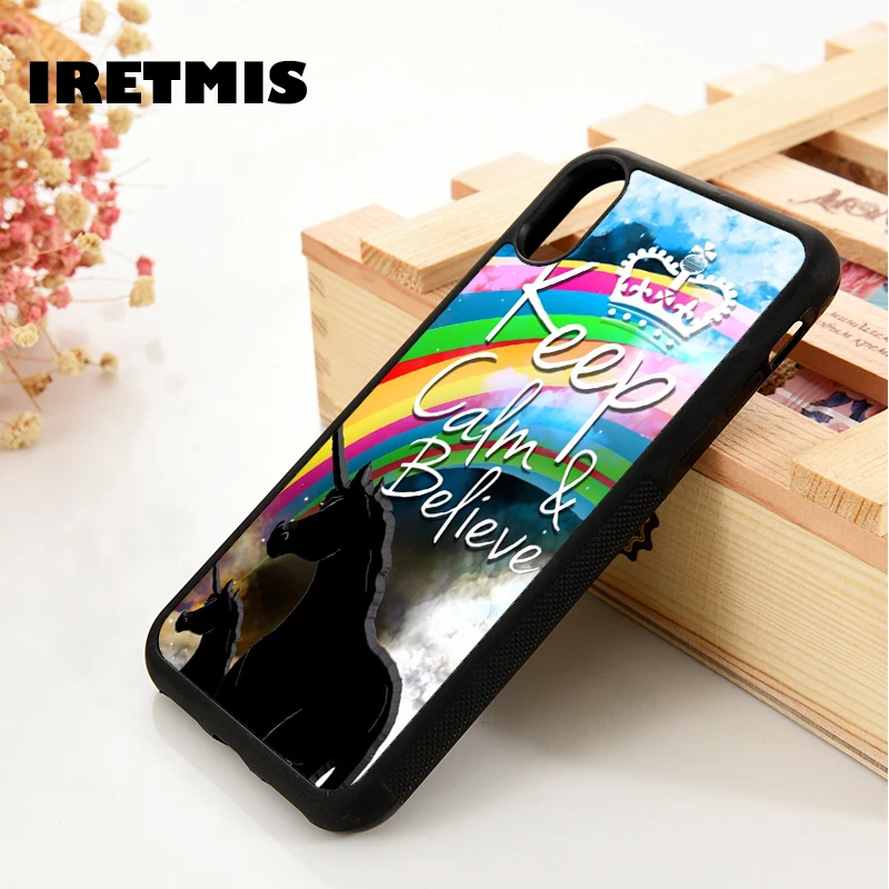 Iretmis 5 5S SE 6 6S Silicone phone case cover for iPhone 7 8 plus X Xs 11 Pro Max XR Keep calm & believe unicorns graphic quote