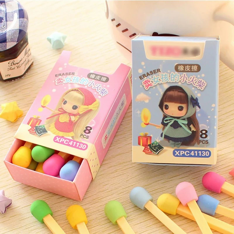 

8Pcs/Pack Cute Kawaii Matches Eraser Lovely Colored Eraser For Kids Student Creative Item Gift Mini Creative Match Pencil Rubber