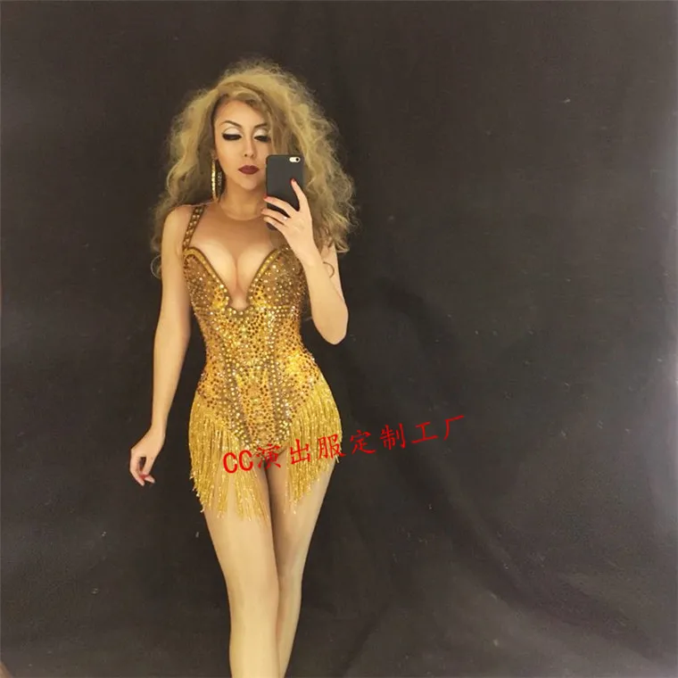 

New Sparkly Gold Tassel Rhinestones Bodysuit Performance Stage Dance Wear Sexy Nightclub Prom Dancing Costume One-piece Outfit