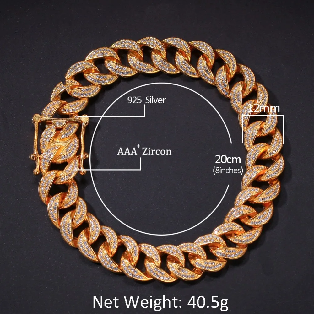 S925 Sterling Silver AAA CZ Cubic Zirconia Bling Iced Out Round Gold Cuban Chain Bracelets for Men Hip Hop Rapper Jewelry