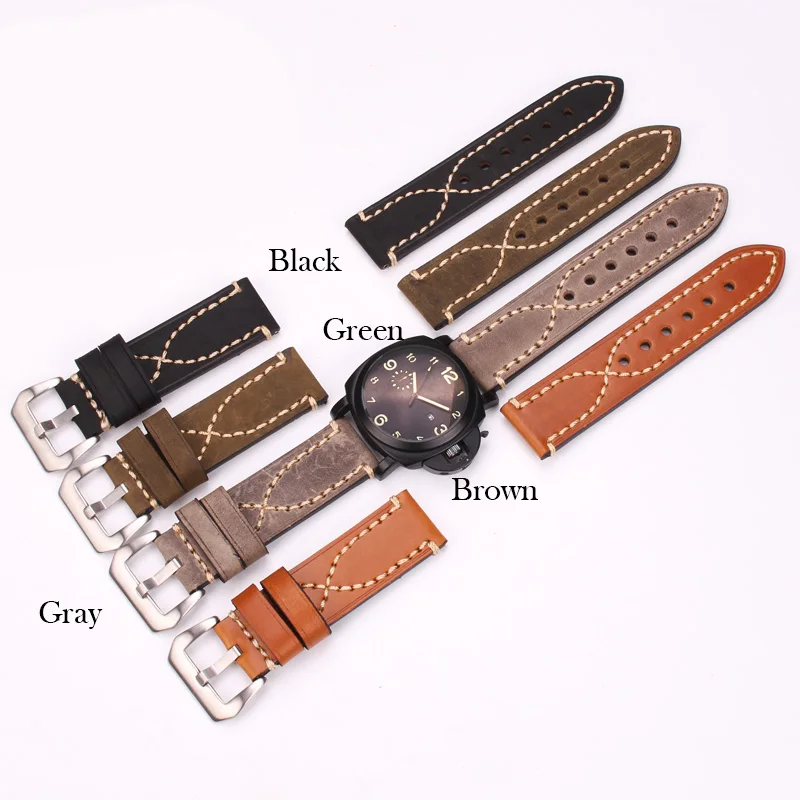 HENGRC Genuine Leather Watch Band Bracelet Cowhide Men Strap Fashion Women 20 22 24mm Belt Steel Metal Pin Buckle For Pam111