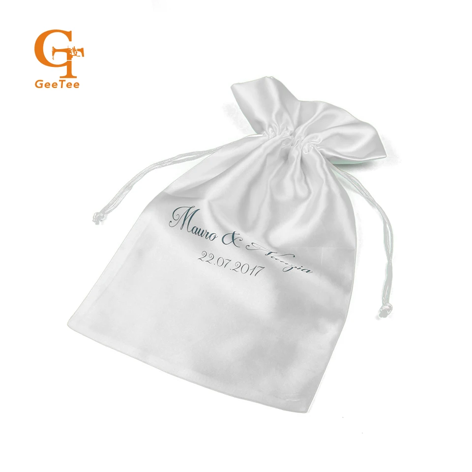 custom name and date wedding merry gift favor satin packaging bag, personality party favor draw string packing silk packing bags