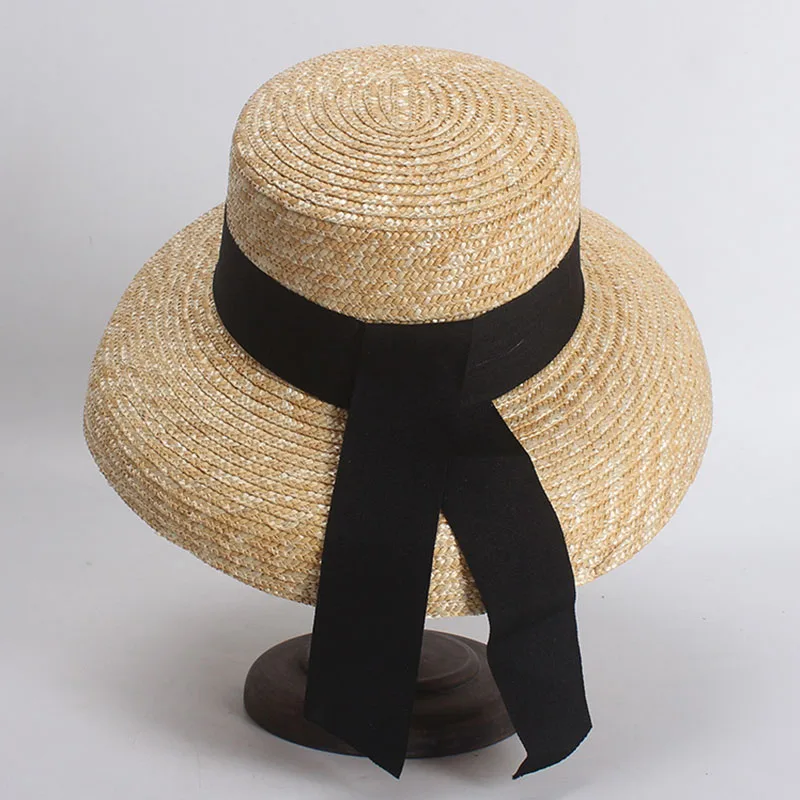 Wide Brim Summer Sun Hat for Women Kentucky Derby Hats Ladies Wheat Straw Hat Black Ribbon Flat Top Handmade Leisure Beach Hats