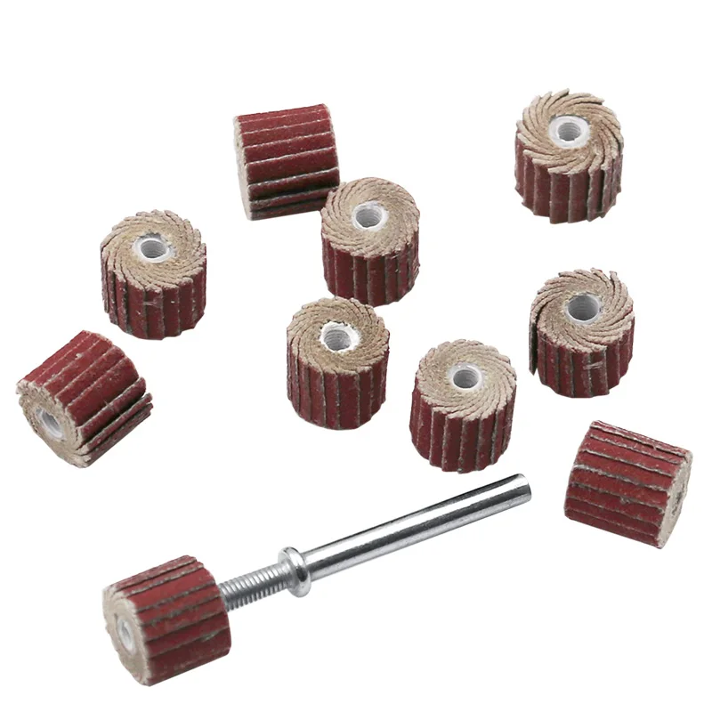 10pcs Accessori 240-Grit Levigatura Flap Mola A Disco Levigatrice Flap Ruote Pennello Sabbia Utensile Rotante 10x10x 3mm + 1pc Asta