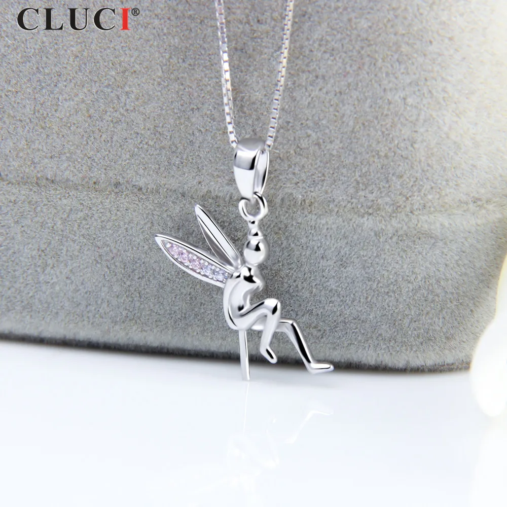 CLUCI  925 Sterling Silver Lovely Fairy Pearl Pendant Pink and White CZ For Girls Necklace Jewelry,can stick 6-7mm pearl SP304SB