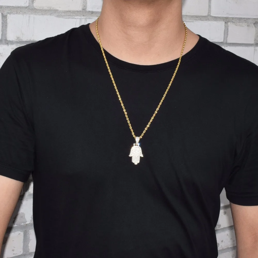 Hand Pendant Necklace Gold Color Cubic Zircon Men\'s Hip Hop Jewelry