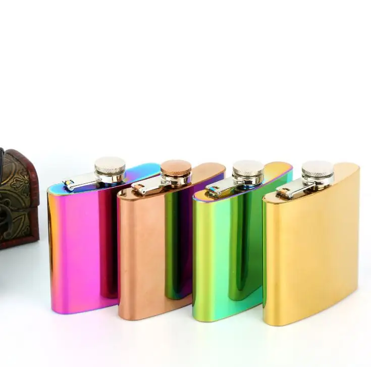 20pcs 6oz Rainbow Colored Hip Flask Gold Plated Gradient Color Stainless Steel Flask Screw Cap Whiskey Wine Bottle SN992