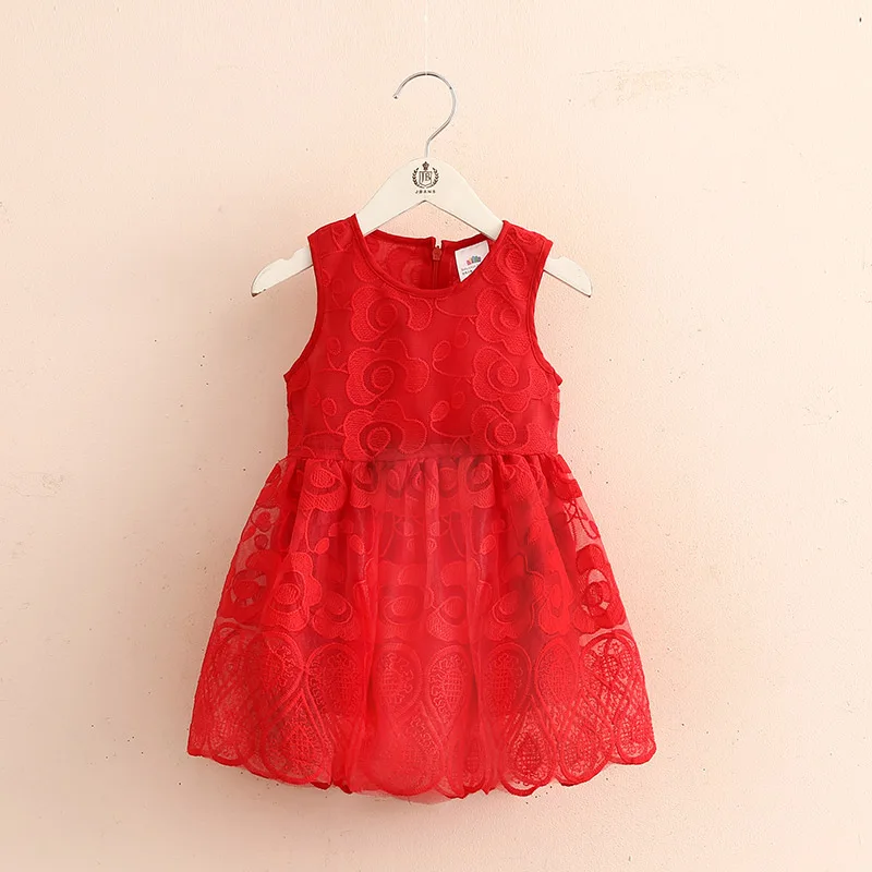 2024 Hot Summer 2 3 4 5 6 7 8 9 10 Years Child White Red Embroidery Tank Sundress Mesh Sleeveless Lace Dress For Kids Baby Girl