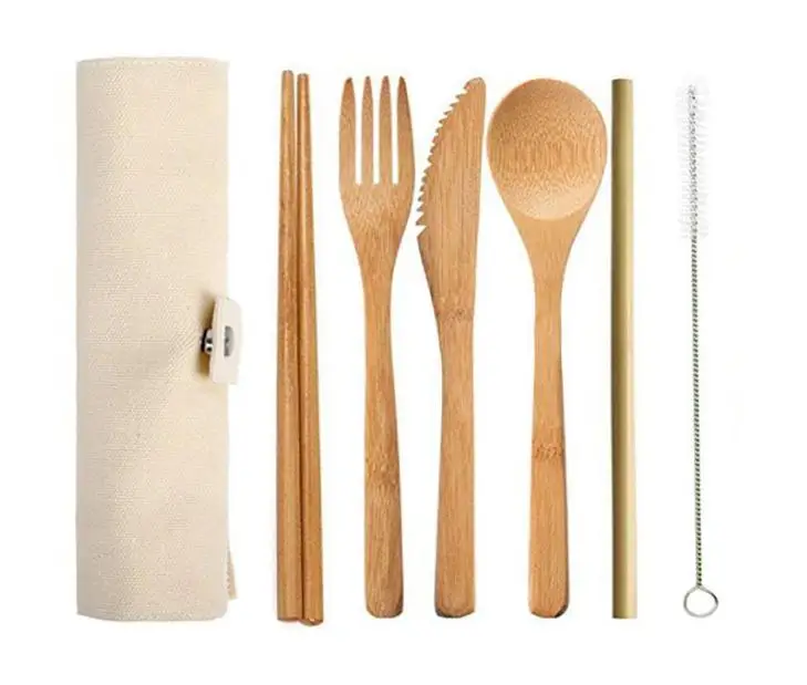 Hot Bamboo Cutlery 7pcs/Set Spoon Fork Knife Tableware Set with Cloth Bag Eco-Friendly Portable Utensil Tableware Set SN1355