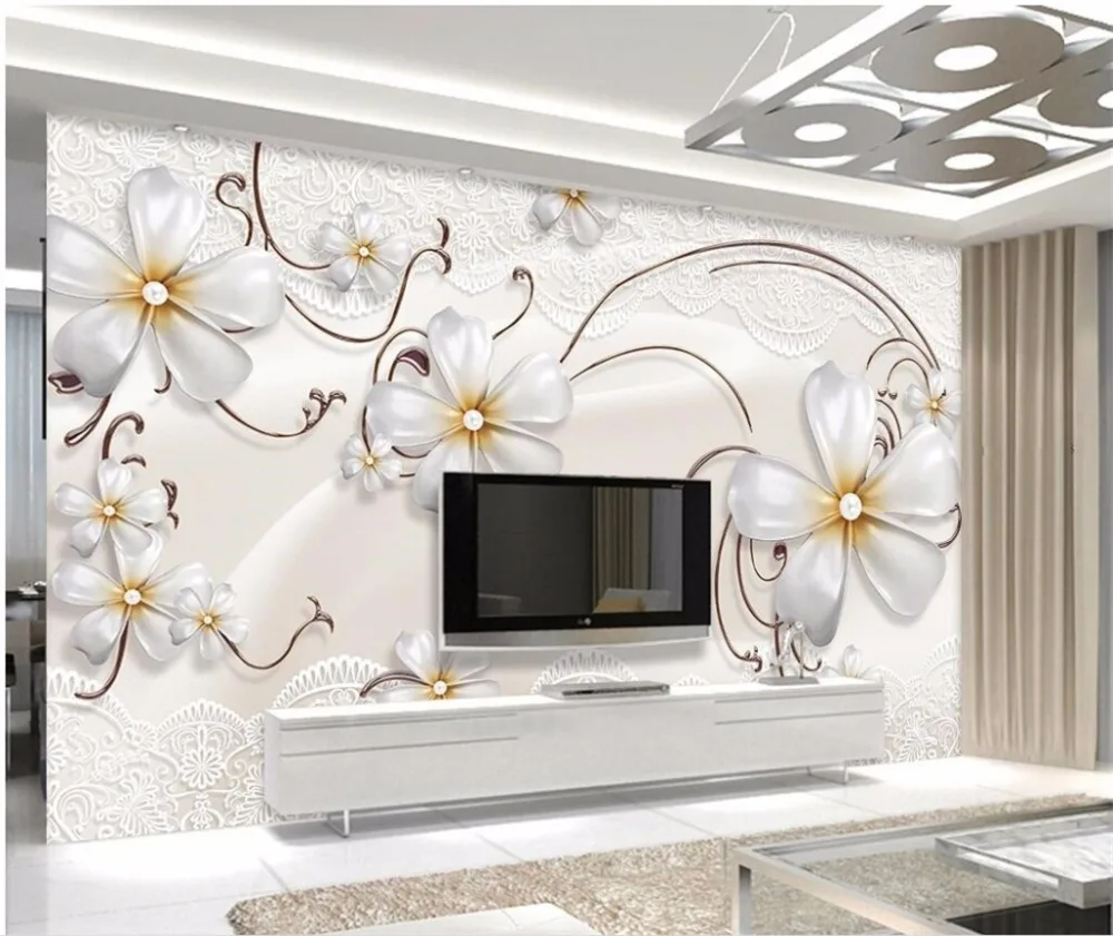 

beibehang Custom Wallpaper 3d mural Luxurious European Style white Jewelry Flower TV wall paper papel de parede murals wallpaper