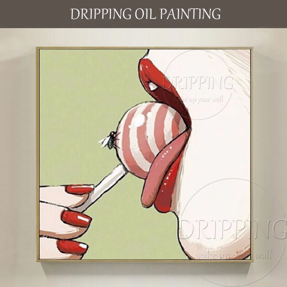 Artist Hand-painted High Quality Lick Lollipop Oil Painting on Canvas Sexy Lips and Funny Fly With Lollipop Oil Painting